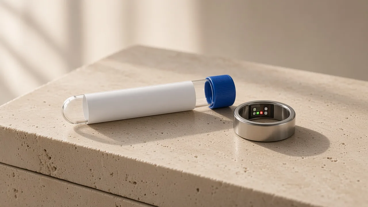 Concept render: a blood test tube and a titanium smart ring on stone